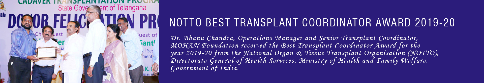 Dr. Bhanu Chandra receives Best Transplant Coordinator Award from NOTTO